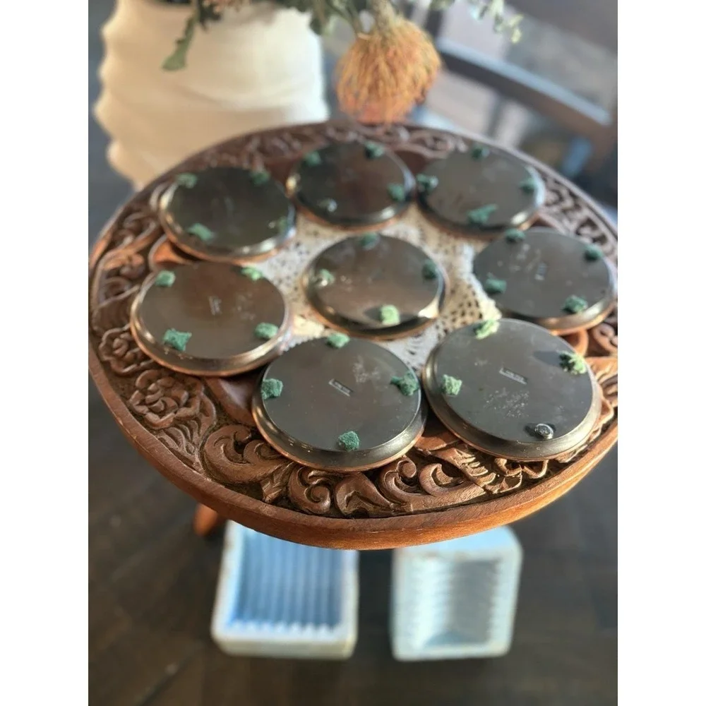 Vintage Hyde Park Copper Metal Coasters Set of 8 Heraldic Crest Shield Caddy MCM